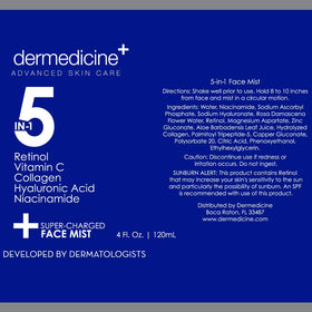 Dermedicine 5 in 1 Face Mist packaging flat lay for travel use.