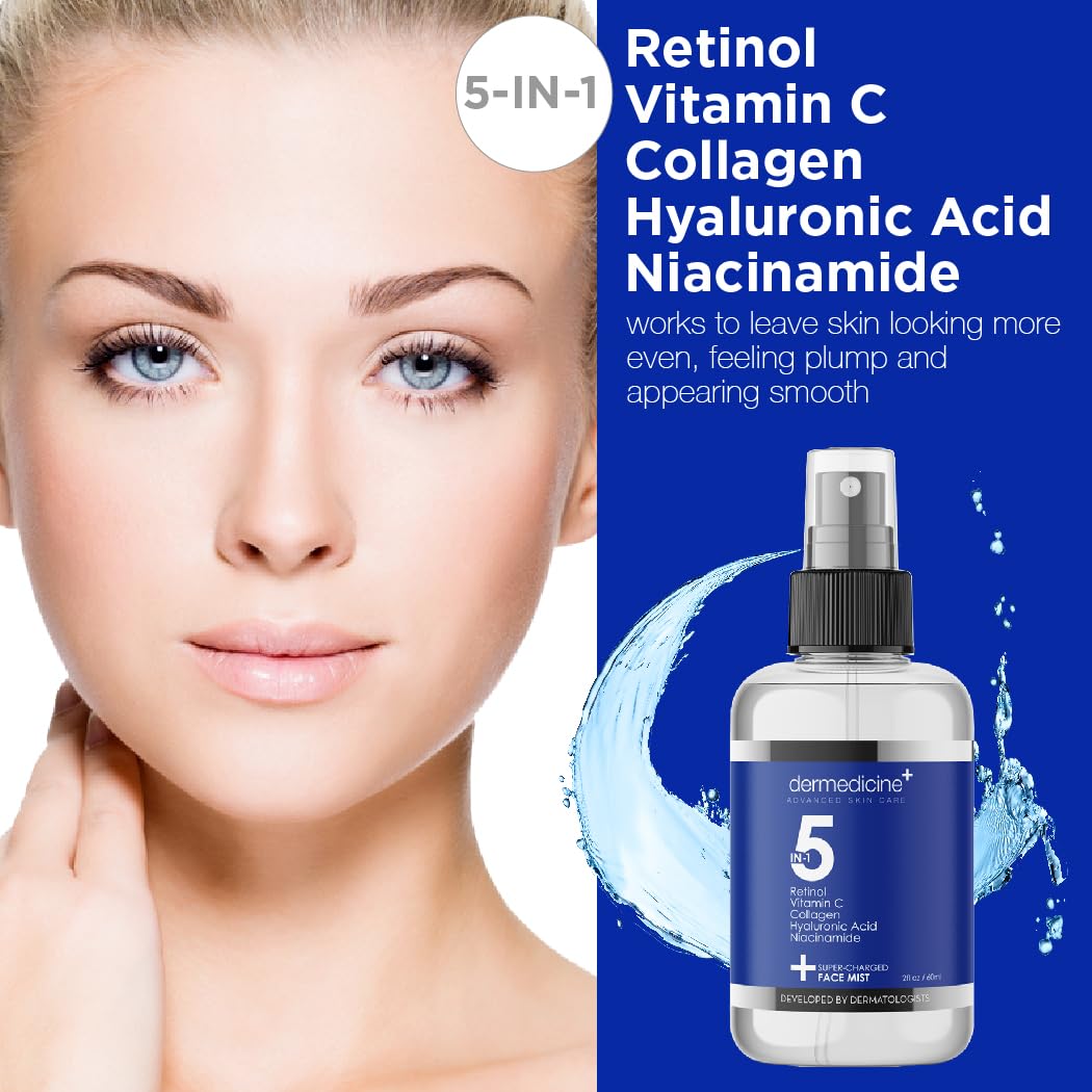 Dermedicine 5 in 1 Face Mist spray nozzle captured for quick refresh.