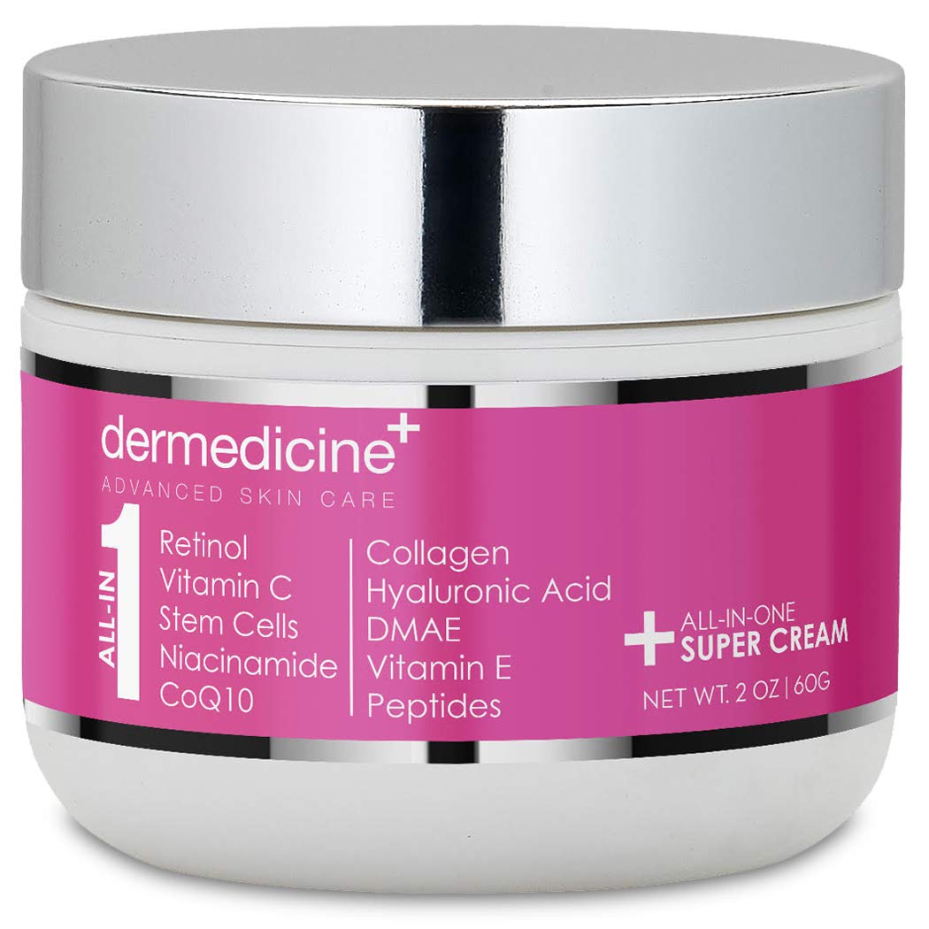 Dermedicine all-in-one anti-aging cream jar shows rich texture for radiant hydration.