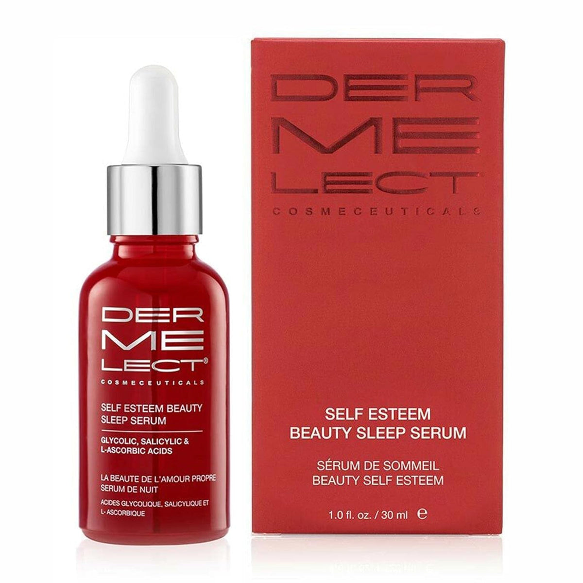 Dermelect Cosmeceuticals Self-Esteem Beauty Sleep Serum bottle on vanity for overnight renewal.