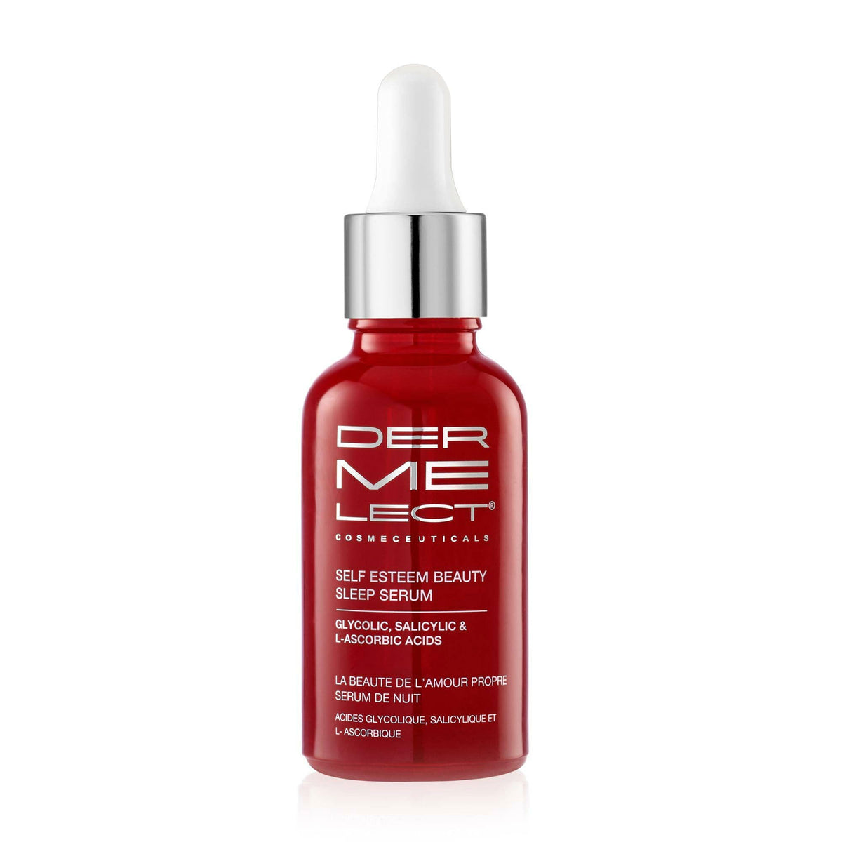 Dermelect Self-Esteem Beauty Sleep Serum dropper close-up for precise nightly exfoliation.