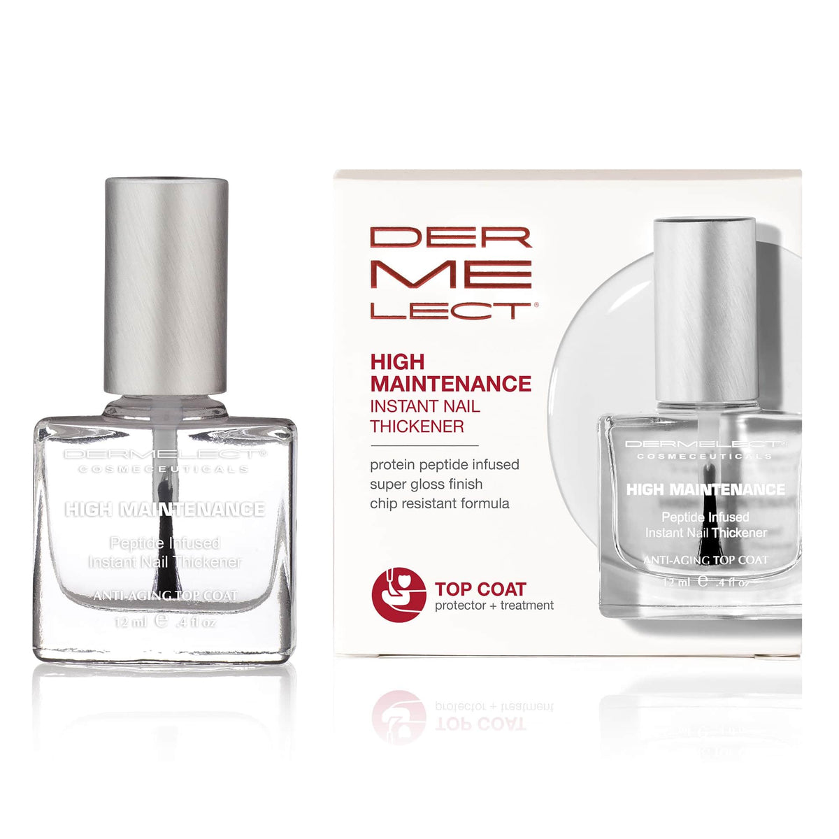 Dermelect High Maintenance bottle applying instant thickening to nails for durability.