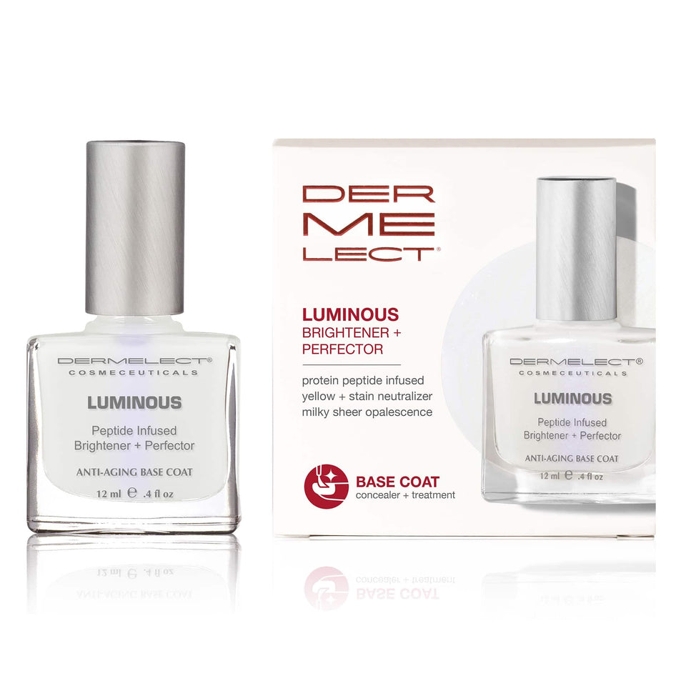 Dermelect Luminous Nail Brightening Treatment swatch shows brighter, even-toned nails ready for polish.