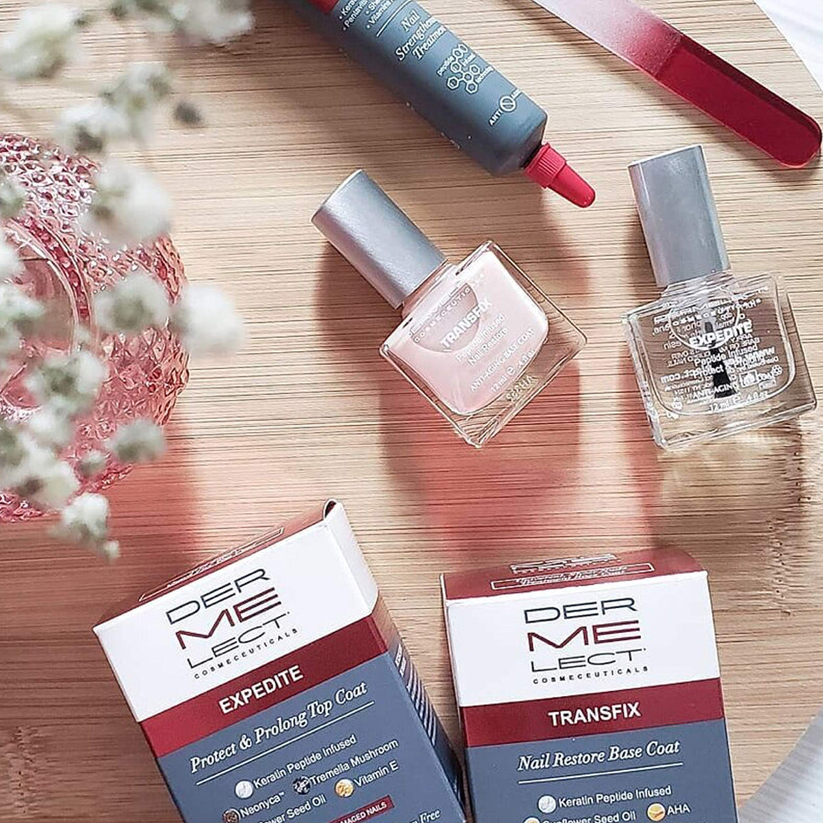 Dermelect Nail Strengthening Base Coat application demonstrating protective foundation for nails.