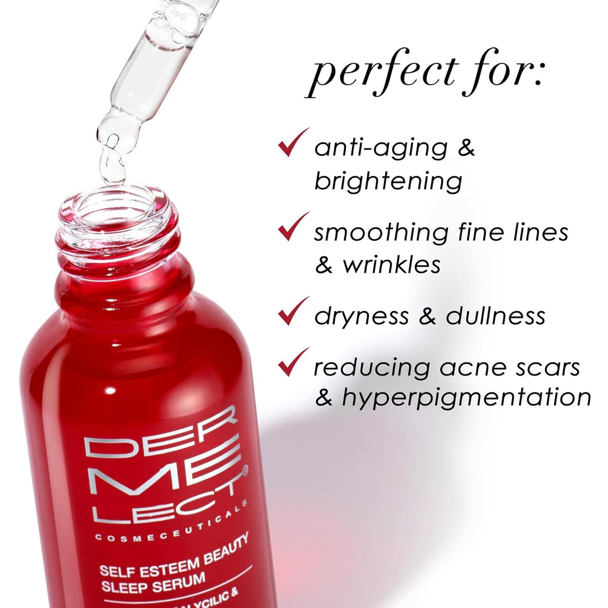 Dermelect night routine scene hints radiant morning glow with the serum.