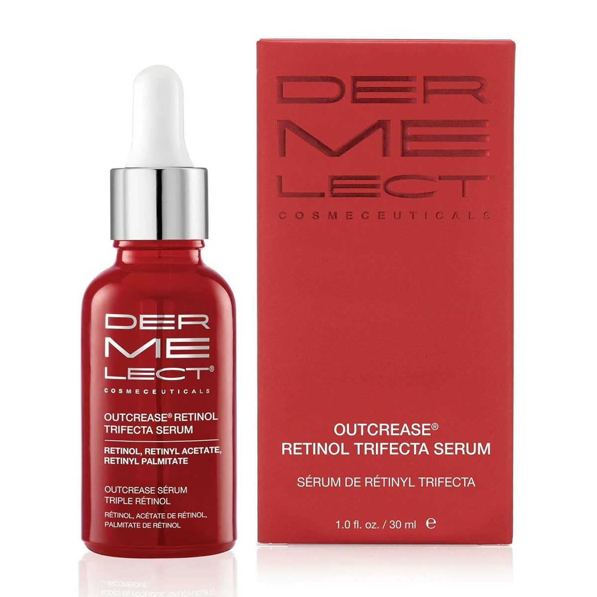 Dermelect Outcrease bottle closeup shows water-free formula and three retinol actives.