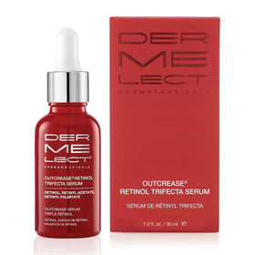 Dermelect Outcrease bottle closeup shows water-free formula and three retinol actives.