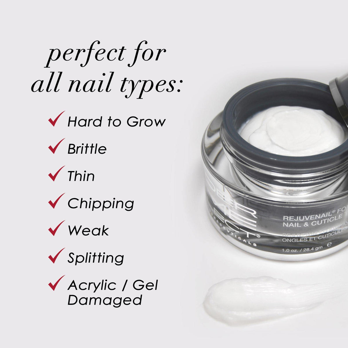 Dermelect Rejuvenail creamy texture on hands suggests deep hydration