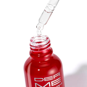 Dermelect serum texture swirl shows lightweight, oil-free absorption on skin.