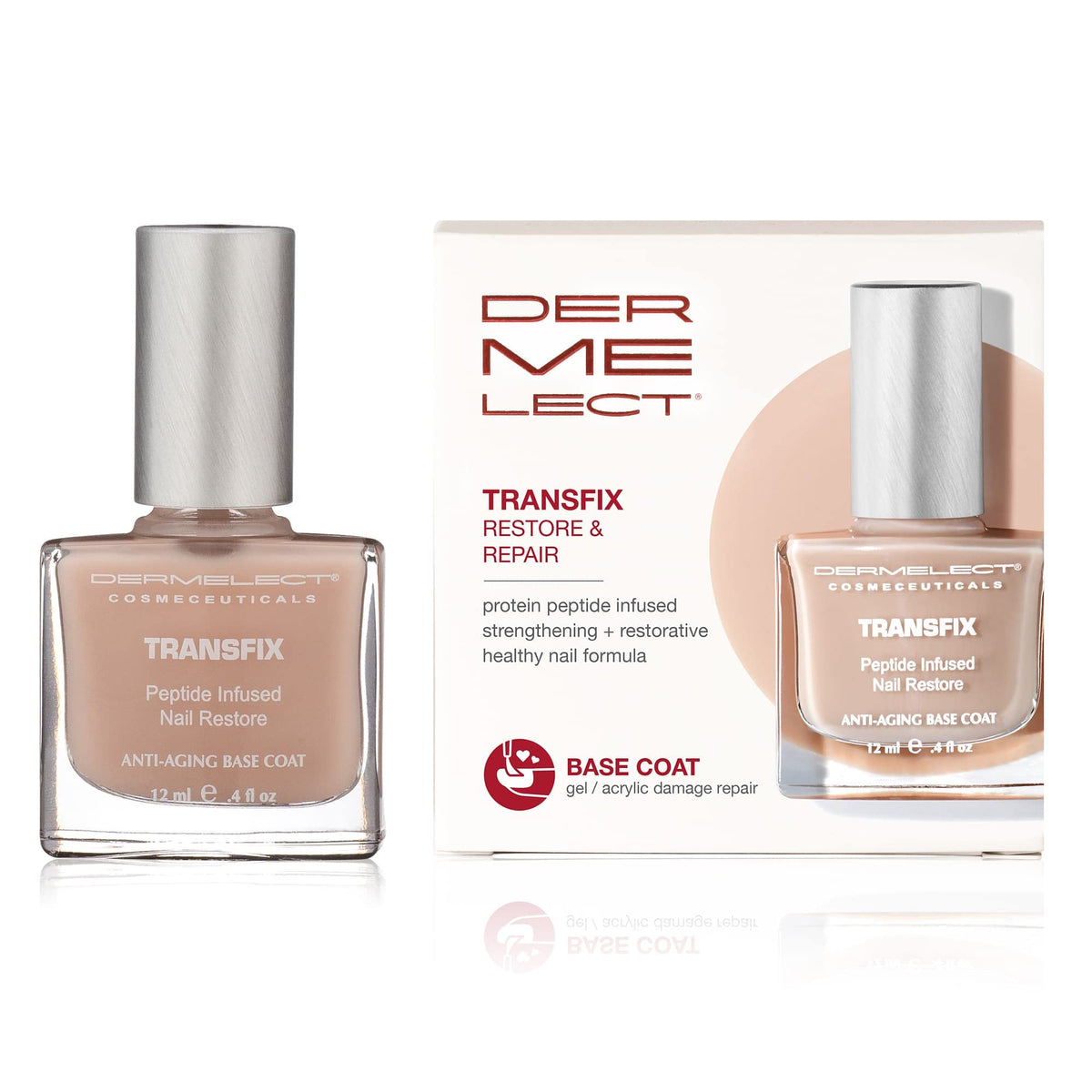 Dermelect Transfix Nail Restore Base Coat bottle showing sheer nude finish for flawless nails