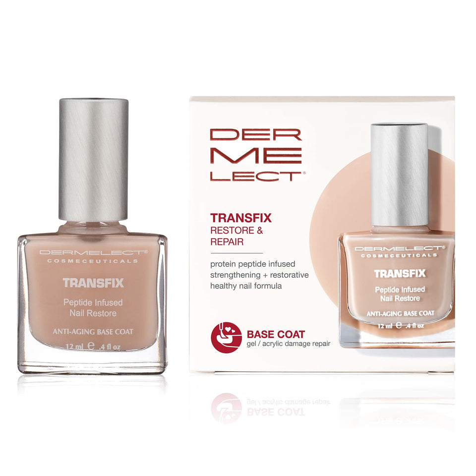 Dermelect Transfix Nail Restore Base Coat bottle showing sheer nude finish for flawless nails
