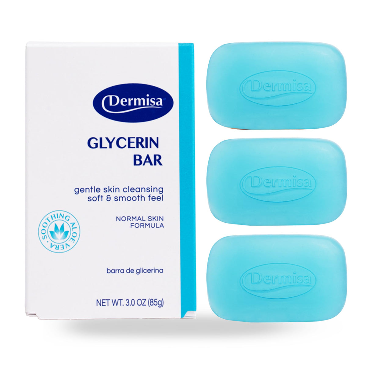 Dermisa glycerin bar with Aloe Vera packaging—gentle cleanse for all skin types.