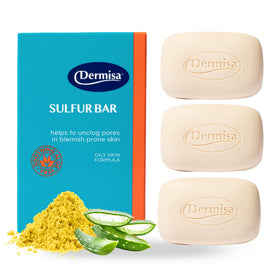 Dermisa sulfur soap packaging with aloe vera, paraben-free and cruelty-free.
