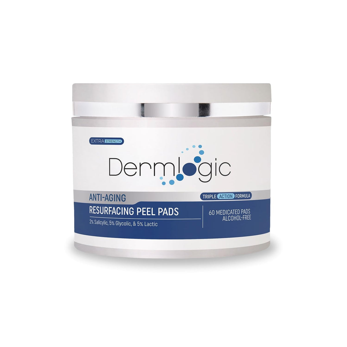 Dermlogic anti aging peel pad on the face showing triple action exfoliation for smoother skin