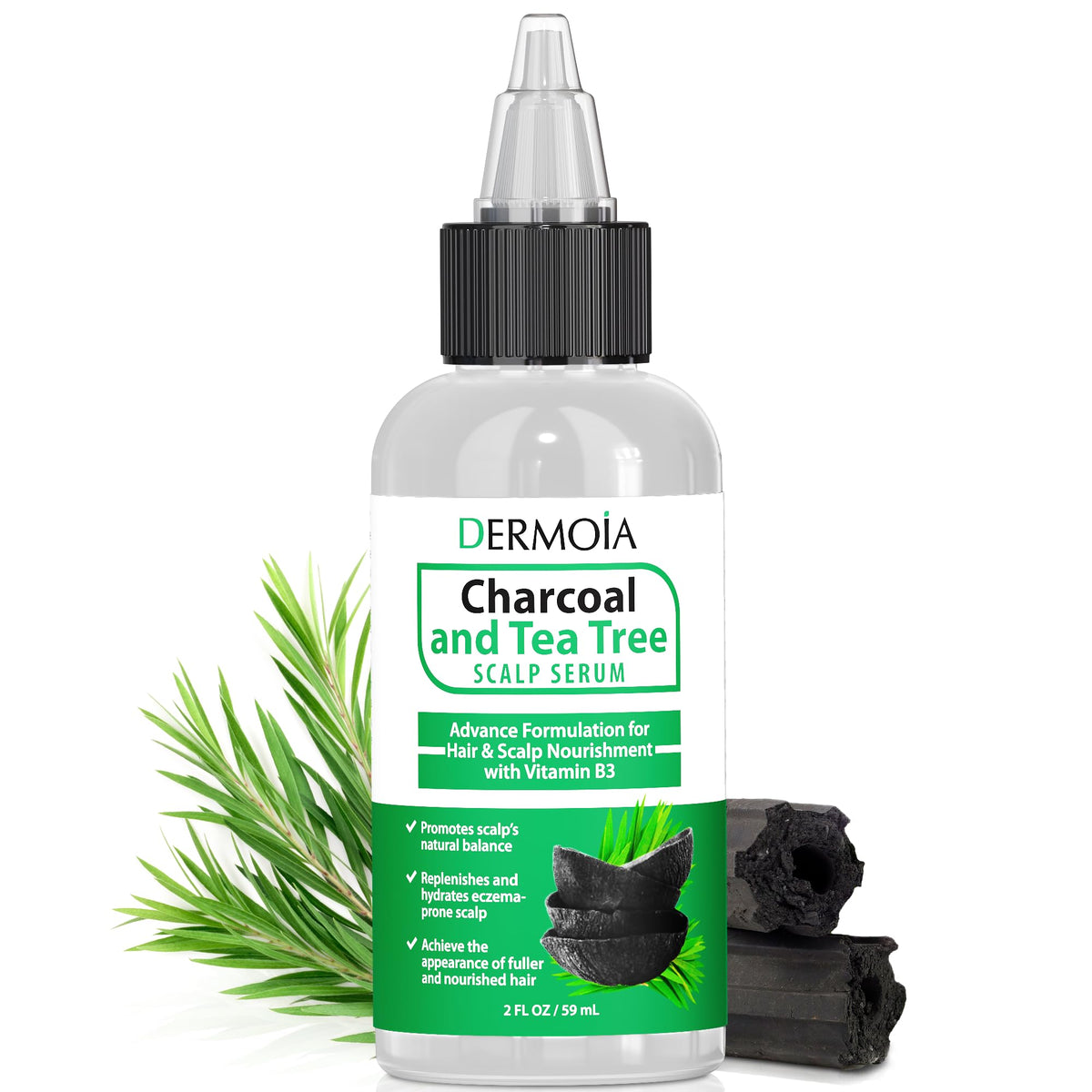 DERMOIA charcoal-tea-tree-scalp-serum-bottle on shelf promotes balanced scalp appearance.