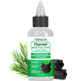DERMOIA charcoal-tea-tree-scalp-serum-bottle on shelf promotes balanced scalp appearance.