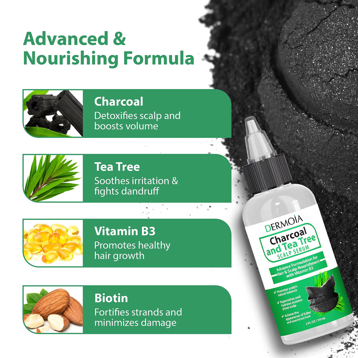 DERMOIA charcoal-tea-tree-scalp-serum-dropper ready for gentle scalp application.