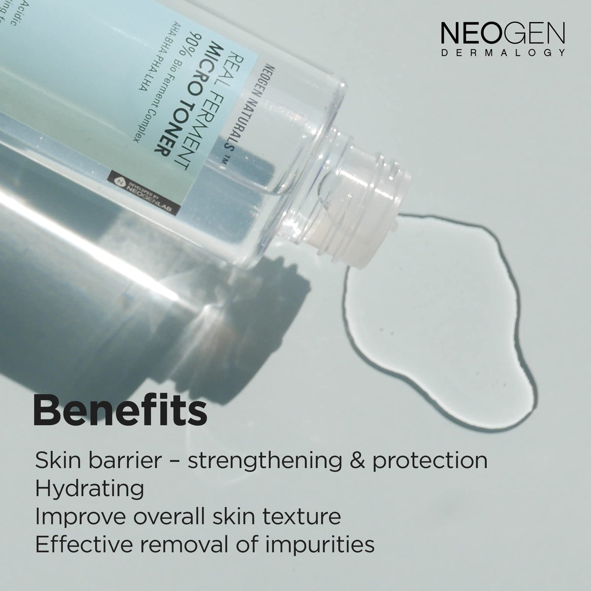 Neogen Dermalogy Real Ferment Toner liquid texture close-up for skin prep.