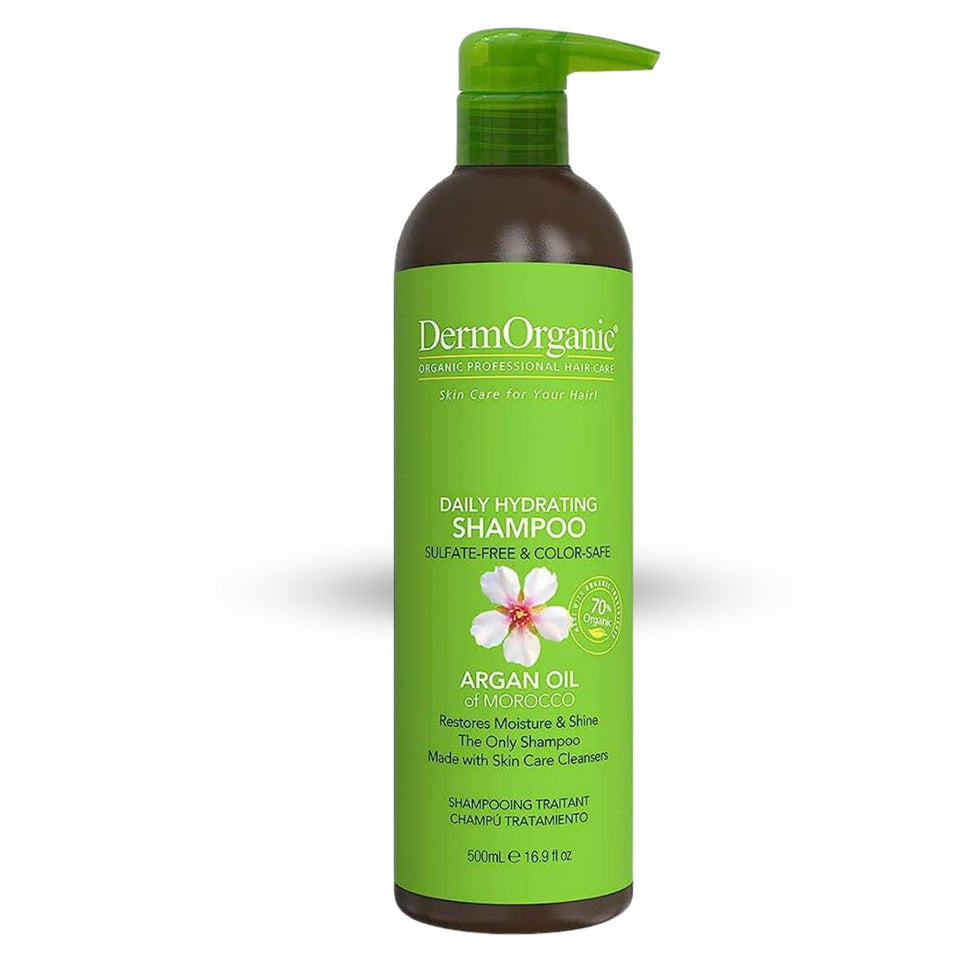 DermOrganic Daily Hydrating Shampoo bottle close-up, sulfate-free formula for dry, damaged hair.