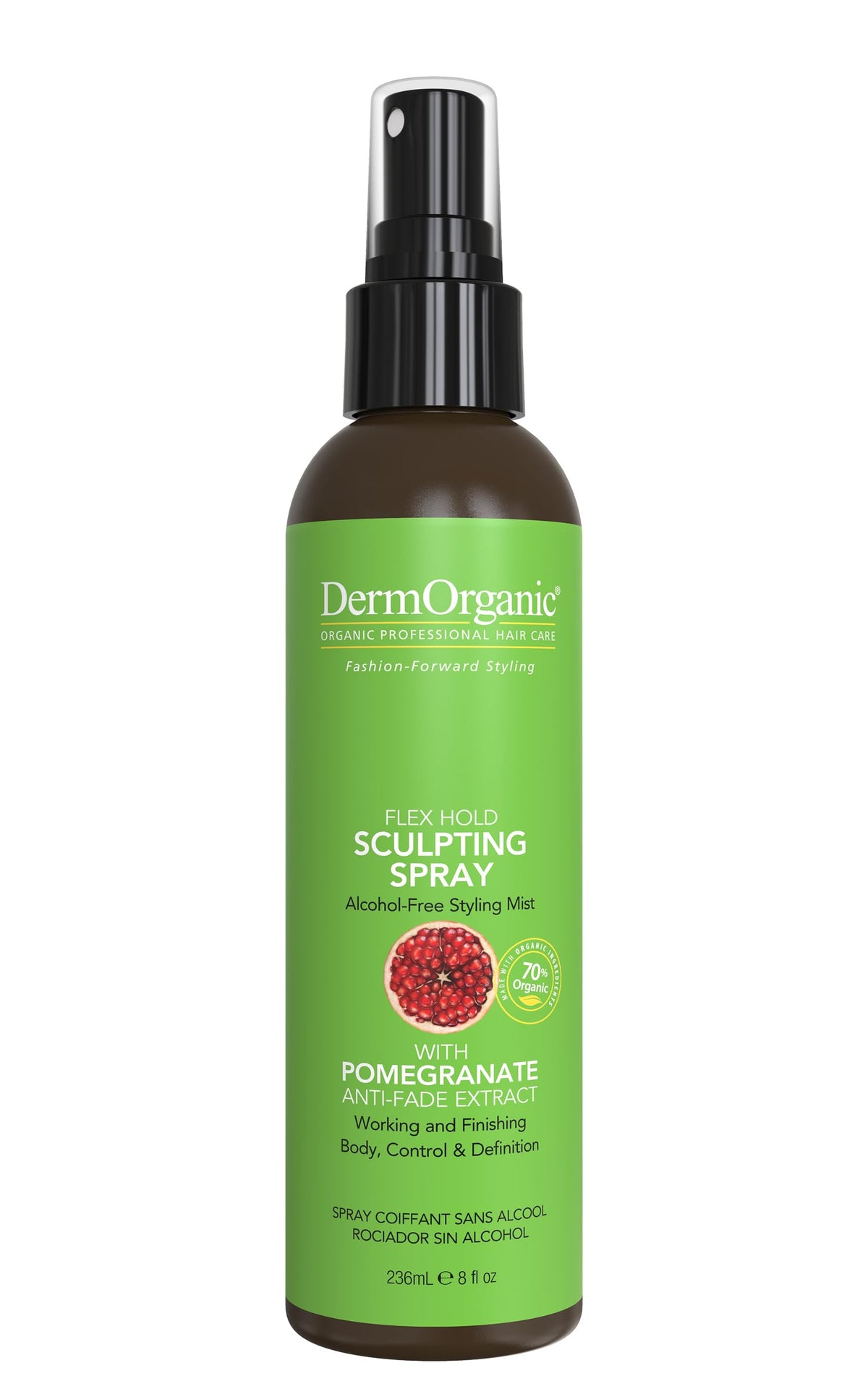 DermOrganic Sculpting Spray bottle demonstrates flexible hold for creative styles