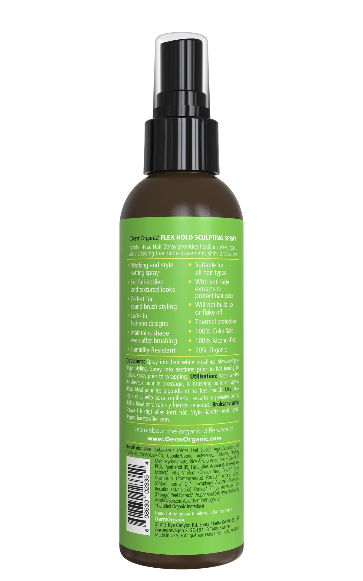 DermOrganic Sculpting Spray close-up highlights bottle design and alcohol-free formula