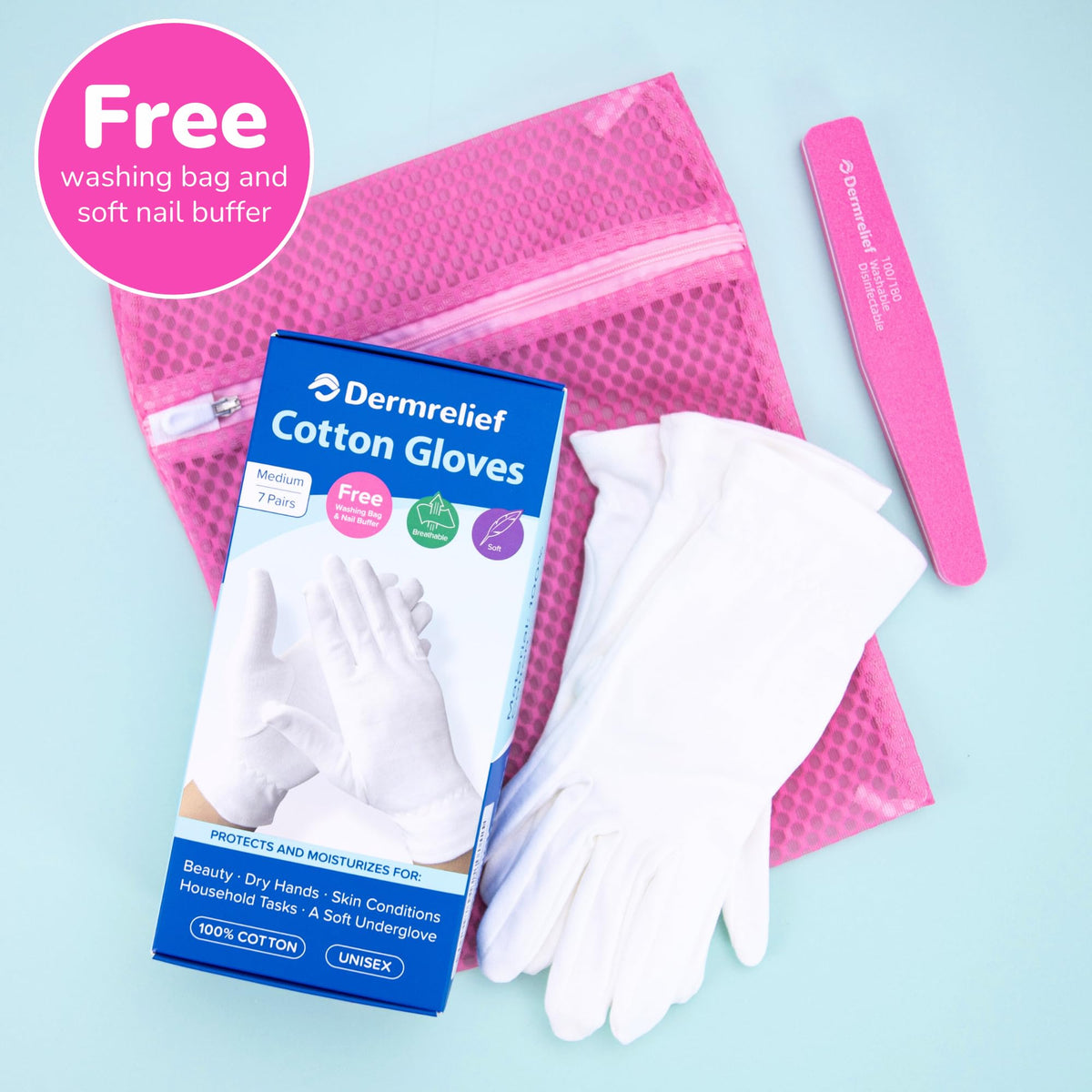 Dermrelief cotton gloves close-up shows soft breathable fabric texture