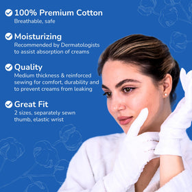 Dermrelief cotton gloves worn overnight to help creams stay in place