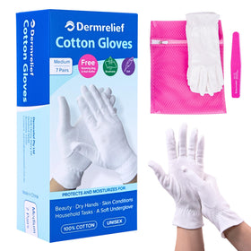 Dermrelief cotton gloves in packaging for an easy moisturizing routine