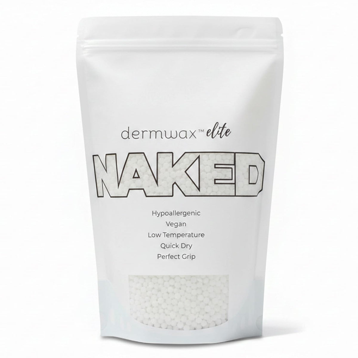 Dermwax Elite Naked Clear beads packaging highlights crystal clarity for precise waxing.