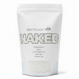 Dermwax Elite Naked Clear beads packaging highlights crystal clarity for precise waxing.