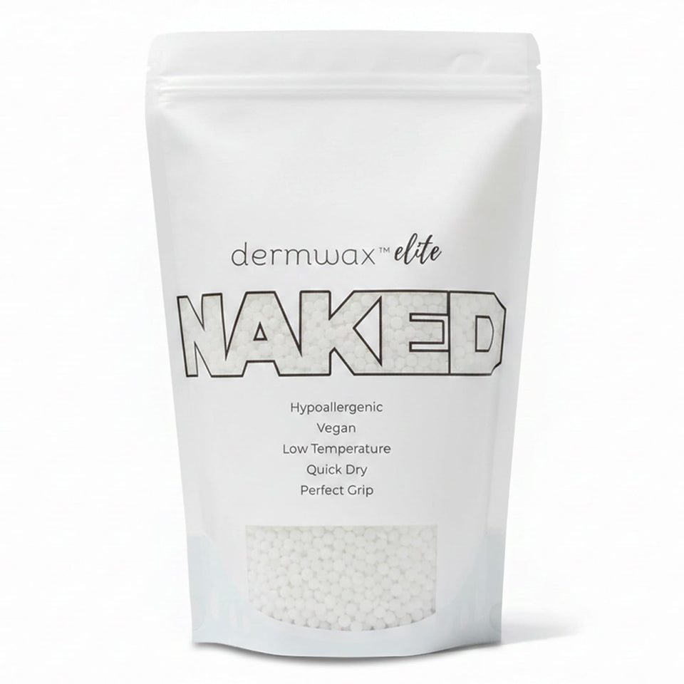 Dermwax Elite Naked Clear beads packaging highlights crystal clarity for precise waxing.