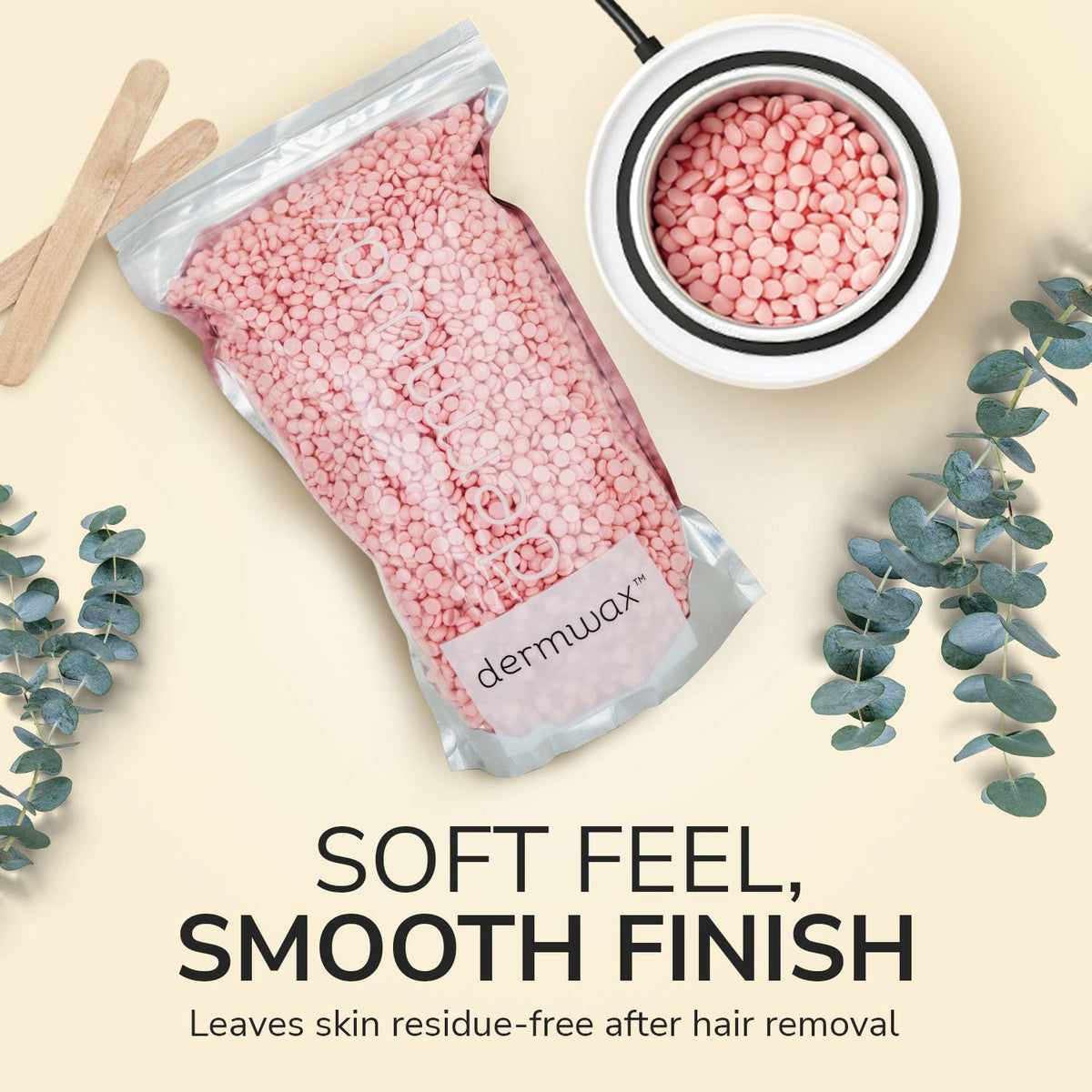 Dermwax Pink Chiffon hard wax beads show a cream finish, soft skin feel after waxing.