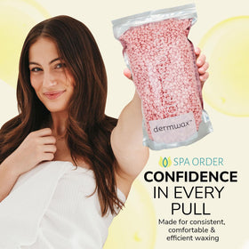 Dermwax Pink Chiffon hard wax packaging and beads, reliable results for professional and home use.