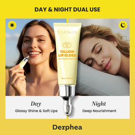 DERPHEA lip balm texture close-up highlighting lightweight, non-sticky gloss