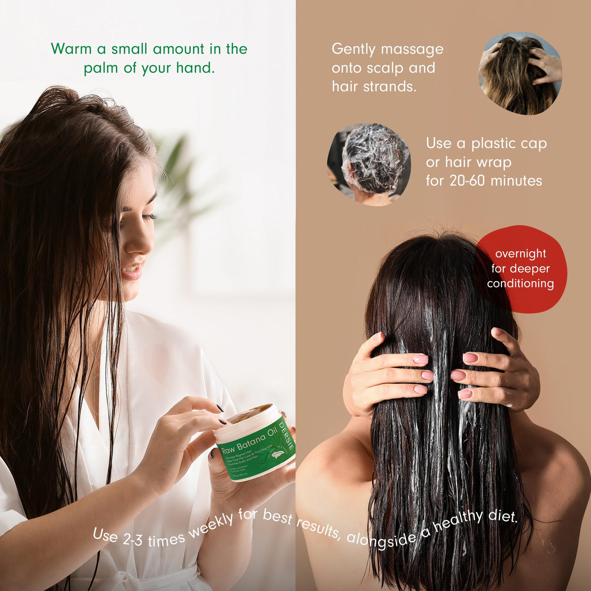 Dersie Batana Oil for hair application on damp strands enhances manageability.