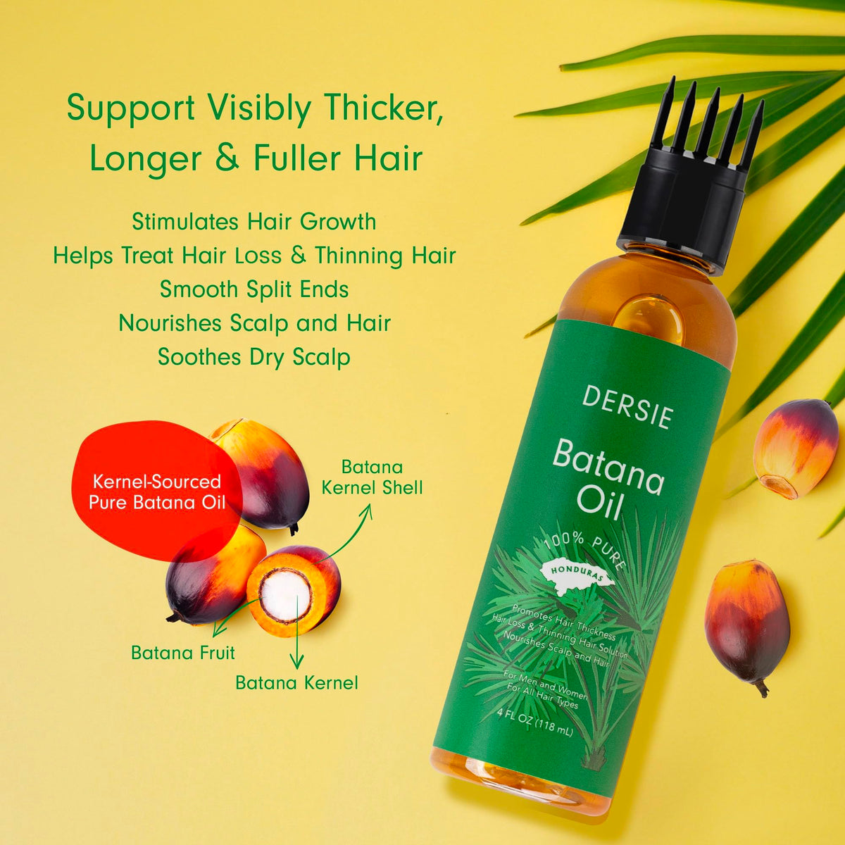Dersie Batana Oil with hair care routine visuals for healthier-looking strands.