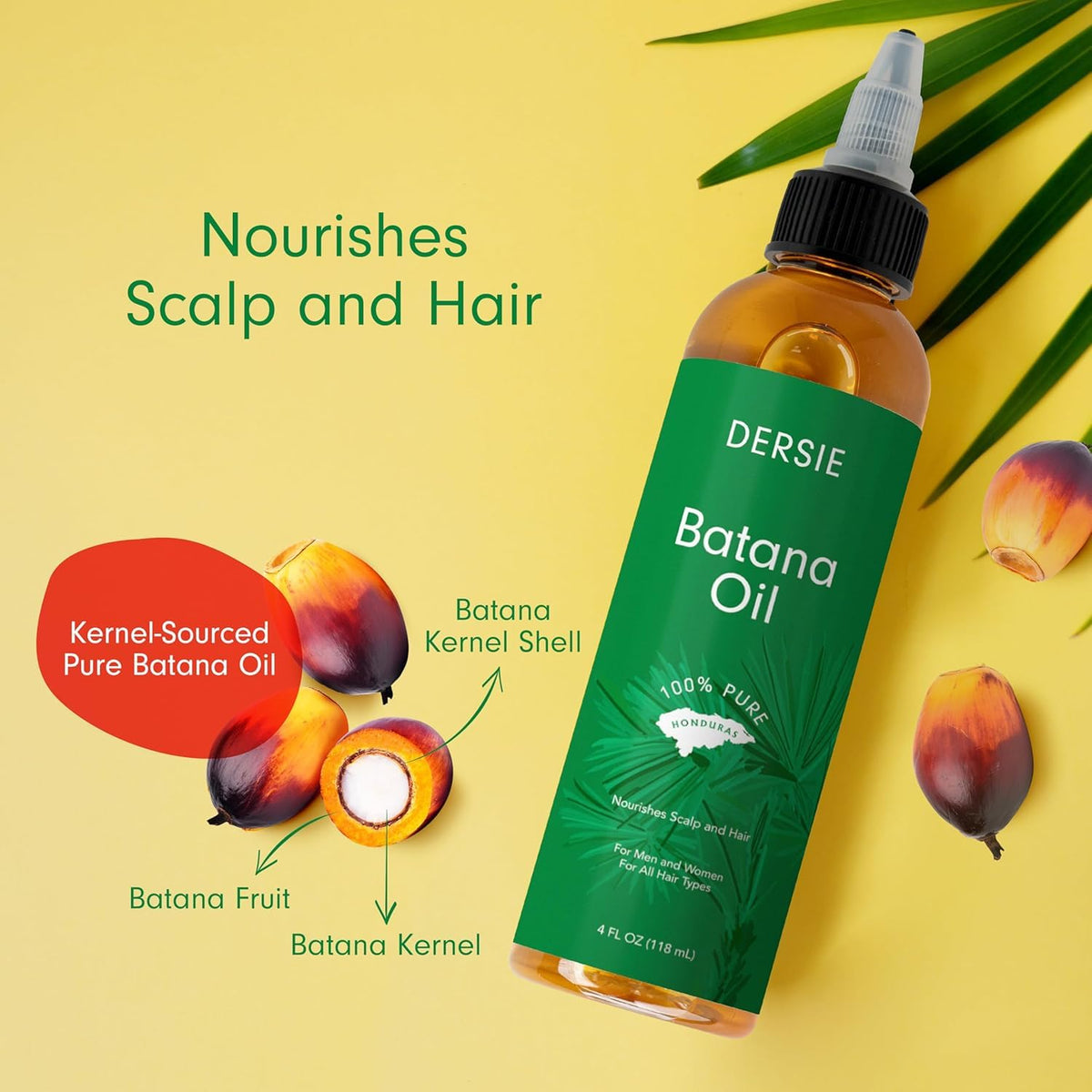 Dersie Batana Oil Liquid Bottle highlighting smooth formula for daily leave-in