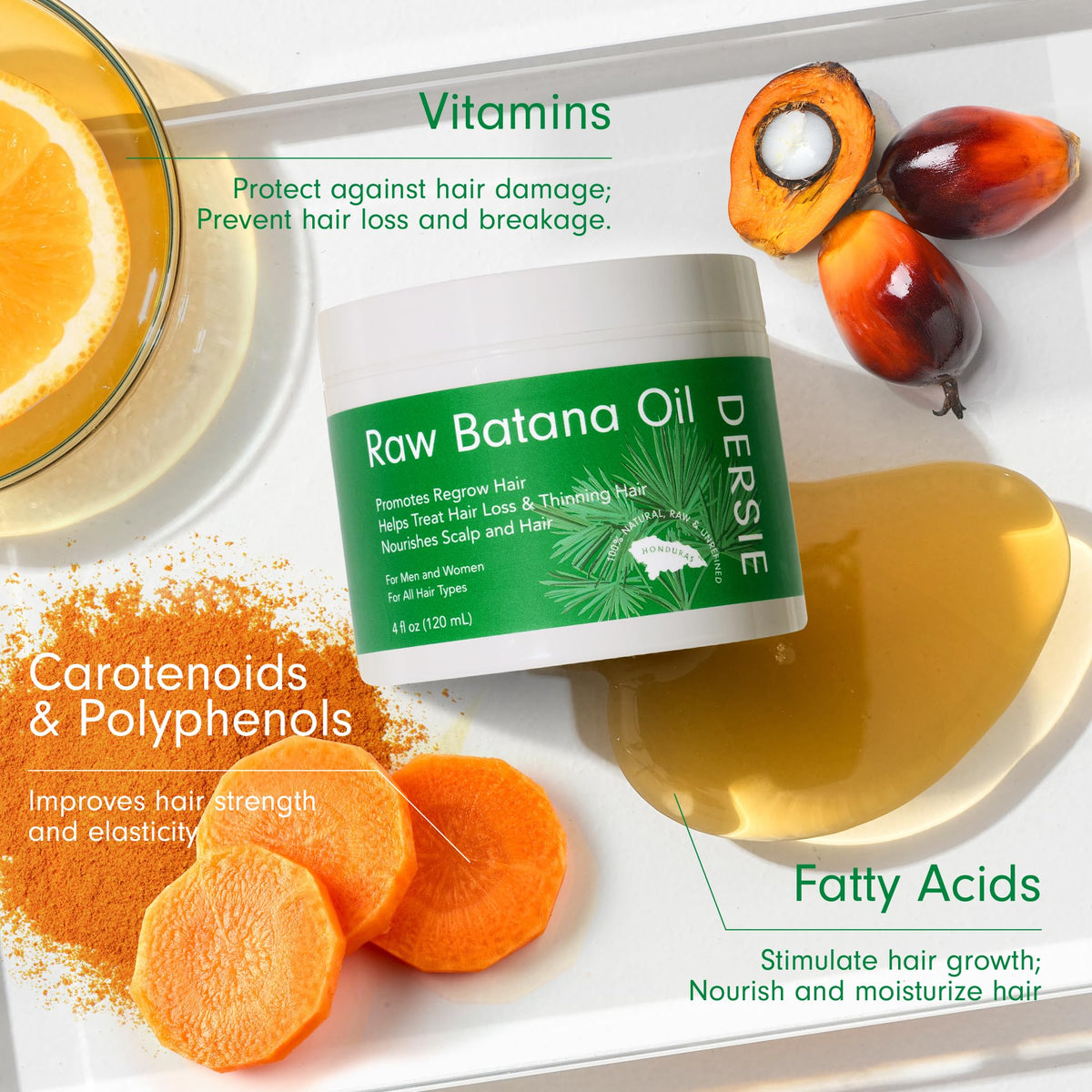 Dersie Batana Oil packaging display showcases brand quality and origin.
