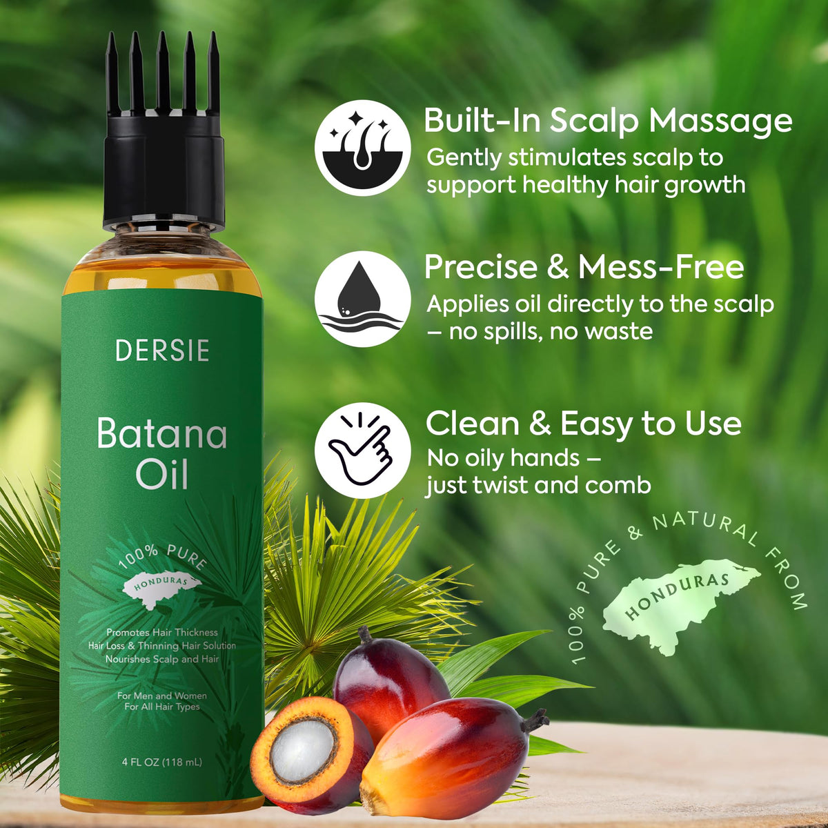 Dersie Batana Oil pour-cap detail enables precise, mess-free application.
