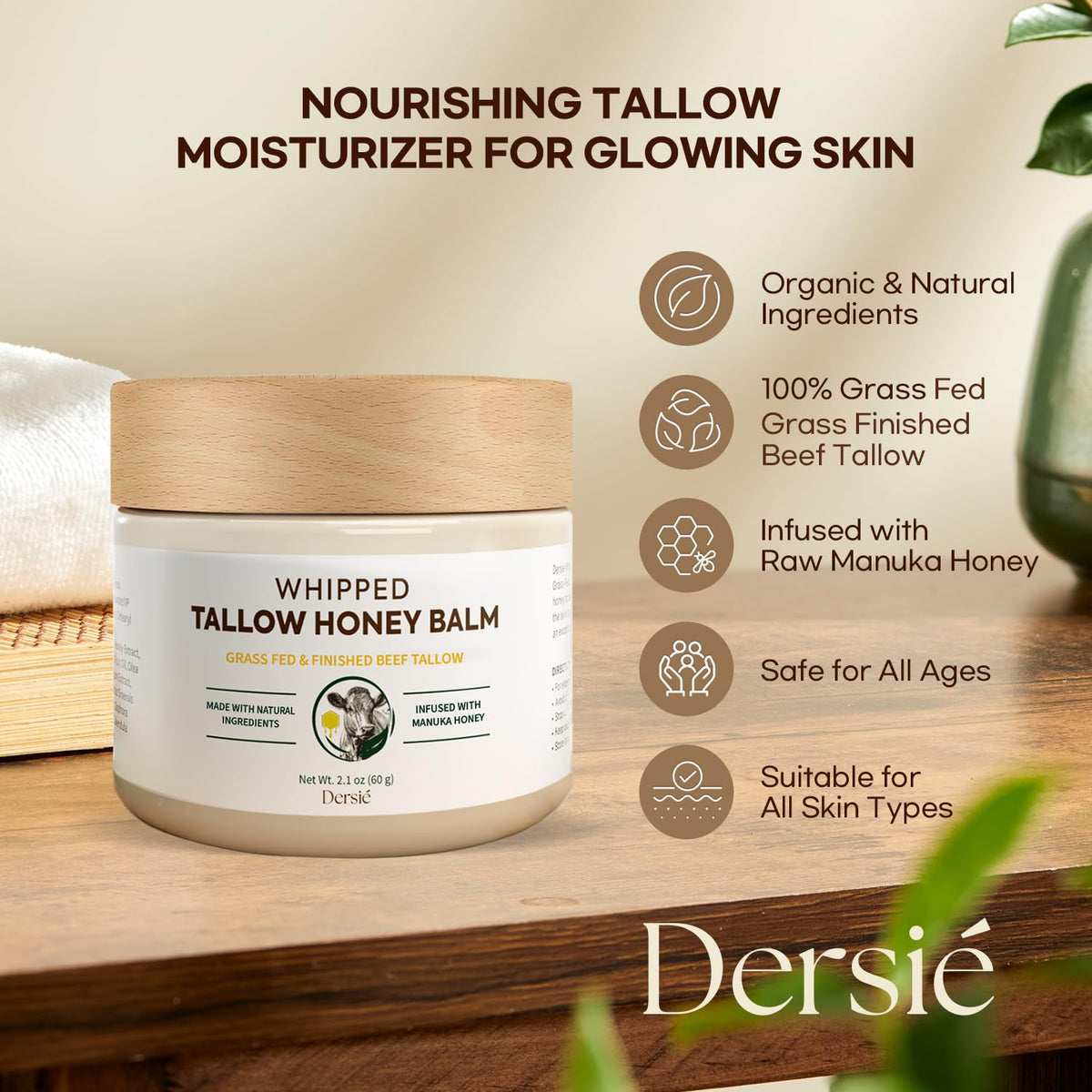 Dersie Cream ingredients board highlights grass-fed tallow and Manuka honey