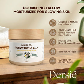 Dersie Cream ingredients board highlights grass-fed tallow and Manuka honey