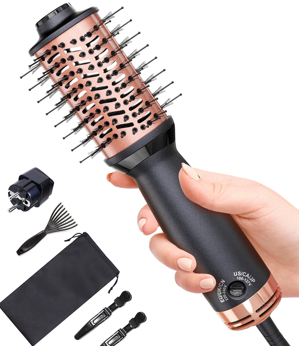 Desalo travel dual voltage hair dryer brush in compact form for easy packing and global styling.