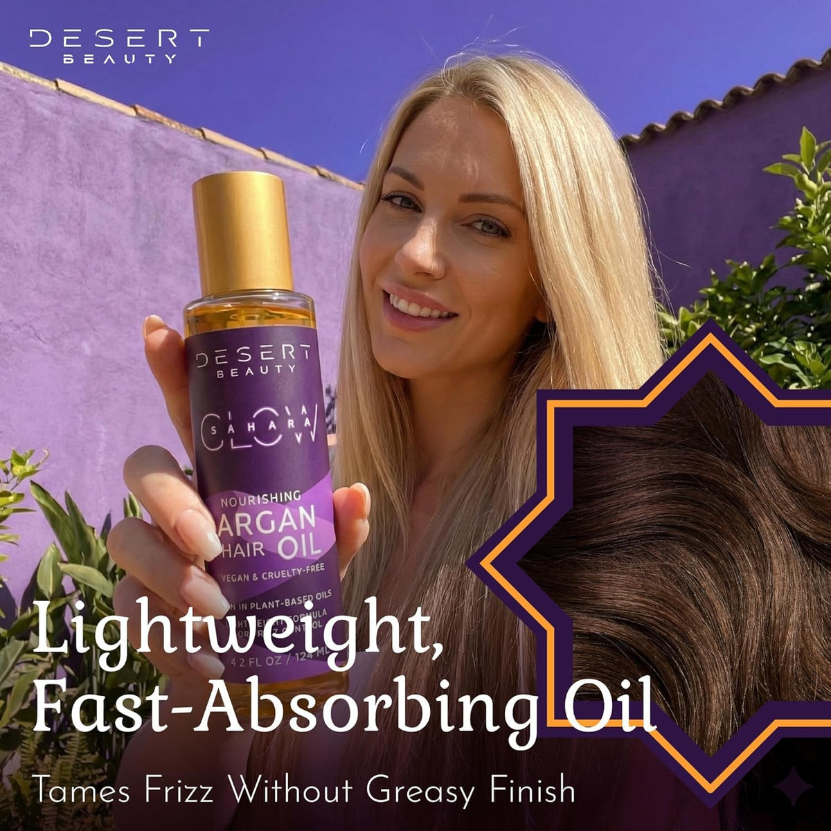 Close-up of Desert Beauty Argan Oil bottle prepared for easy application.