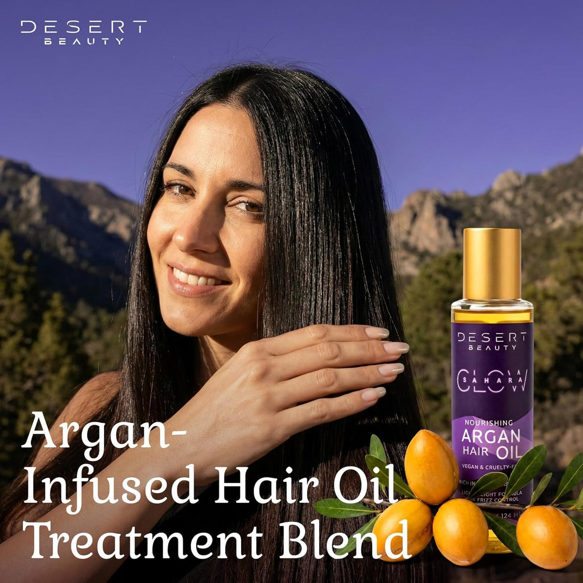 Desert Beauty Argan Oil on bathroom shelf suitable for daily care.