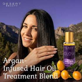 Desert Beauty Argan Oil on bathroom shelf suitable for daily care.
