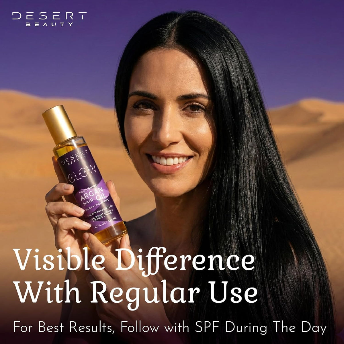 Desert Beauty Argan Oil helps tame frizz and boost smoothness.