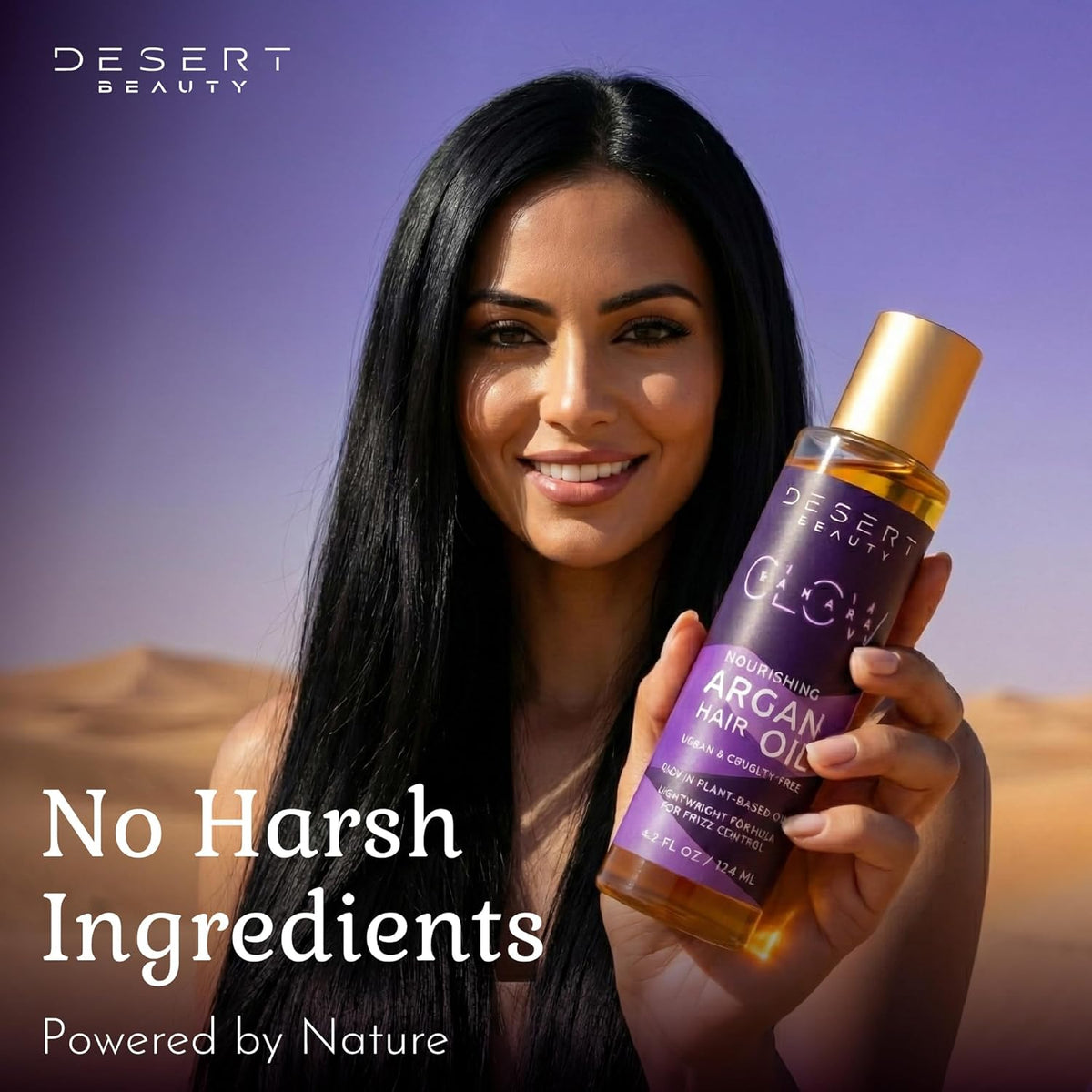 Desert Beauty Argan Oil cruelty-free label on packaging.