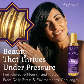 Desert Beauty Argan Oil nourishes with a blend of argan, jojoba, coconut oils.