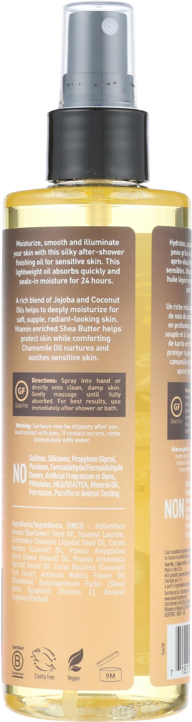 Desert Essence 8.28 oz bottle highlighting after-shower 24-hour moisture.