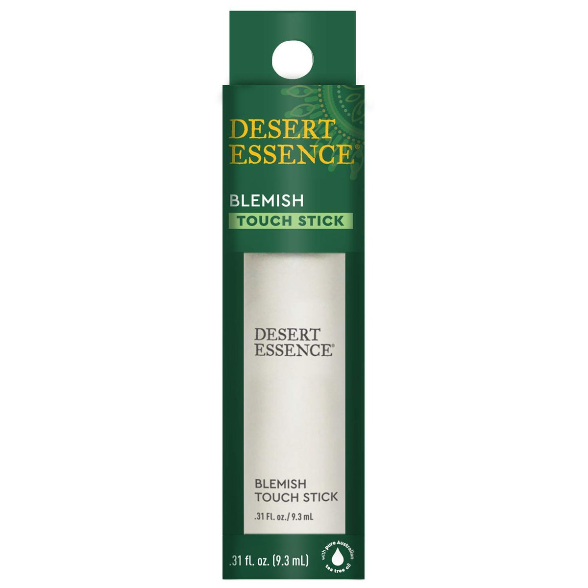 Close-up of Desert Essence blemish touch stick in use on skin.